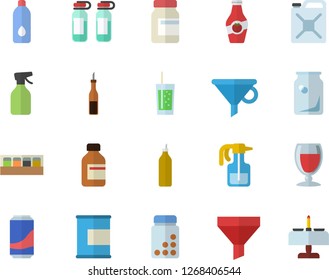 Color flat icon set spice flat vector, sauce, lemonade, wine, soda, mustard, ketchup, pulverizer, canister, glass bottles, funnel, vial, ampoule, vitamins, proteins, water, romantic dinner fector