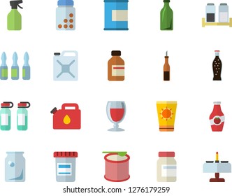 Color flat icon set spice flat vector, sauce, lemonade, wine, ketchup, pulverizer, canister, glass bottles, vial, ampoule, vitamins, proteins, steroids, sun protection cream fector, romantic dinner