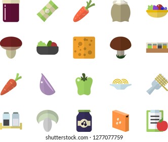 Color flat icon set spice flat vector, flour, groats, spaghetti, cheese, on a fork, mushroom, salad, garlic, bell pepper, jam, carrot, diet