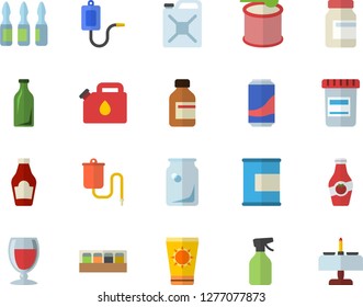 Color flat icon set spice flat vector, ketchup, lemonade, wine, pulverizer, canister, glass bottles, vial, medical warmer, ampoule, vitamins, proteins, steroids, sun protection cream fector