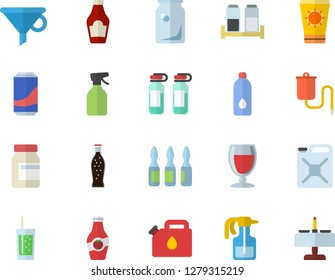 Color flat icon set spice flat vector, ketchup, lemonade, wine, soda, pulverizer, canister, glass bottles, funnel, medical warmer, ampoule, vitamins, water, sun protection cream fector
