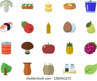 Color flat icon set spice flat vector, egg, flour, jugful, pancakes, canned food, mushroom, tomato, sashimi, cranberry, blackberry, pineapple, pear, mustard, ear, tree, bucketful, seedlings, leaf