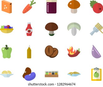 Color flat icon set spice flat vector, groats, legumes, spaghetti on a fork, mushroom, salad, coffee beans, garlic, bell pepper, hot peppers, jam, cranberry, mustard, ketchup, carrot, diet
