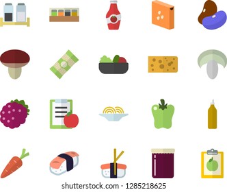 Color flat icon set spice flat vector, groats, spaghetti, legumes, cheese, mushroom, salad, bell pepper, sashimi, jam, blackberry, mustard, ketchup, carrot, diet