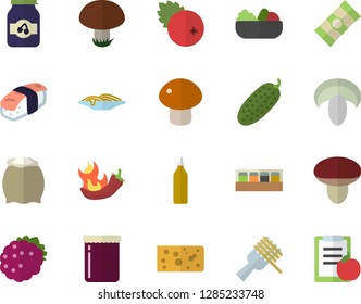 Color flat icon set spice flat vector, flour, spaghetti, cheese, on a fork, mushroom, salad, hot peppers, cucumber, sashimi, jam, cranberry, blackberry, mustard, diet
