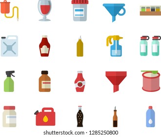 Color flat icon set spice flat vector, ketchup, sauce, lemonade, wine, mustard, pulverizer, canister, funnel, vial, medical warmer, ampoule, vitamins, steroids, water