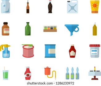 Color flat icon set spice flat vector, ketchup, sauce, lemonade, soda, mustard, pulverizer, canister, glass bottles, funnel, vial, medical warmer, ampoule, proteins, steroids, romantic dinner