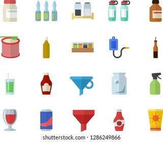 Color flat icon set spice flat vector, ketchup, sauce, lemonade, wine, soda, mustard, pulverizer, glass bottles, funnel, vial, medical warmer, ampoule, vitamins, steroids