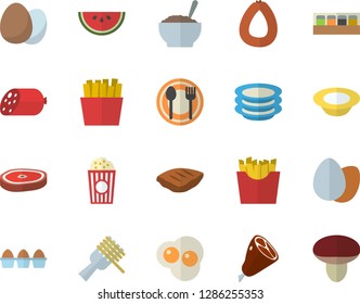 Color flat icon set spice flat vector, egg, table setting, plates, sausage, watermelon, spaghetti on a fork, dish, porridge, ham, chop, French fries, popcorn, scrambled eggs, mushroom