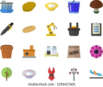 Color flat icon set spice flat vector, potato, bread, dish, mushroom, seeds, tree, flower, bucketful, fireplace, power line support, hydroelectric station, metallurgy, clipboard, pen, swimsuit