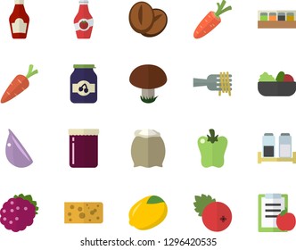 Color flat icon set spice flat vector, flour, ketchup, lemon, cheese, spaghetti on a fork, salad, coffee beans, garlic, bell pepper, jam, cranberry, blackberry, mushroom, carrot, diet