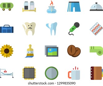 Color flat icon set spice flat vector, sieve, coffee beans, tea, flower, paint brush, pill packaging, hospital bed, broken tooth, gas burner, cpu, skateboard, athletic shorts, sport bag, whistle
