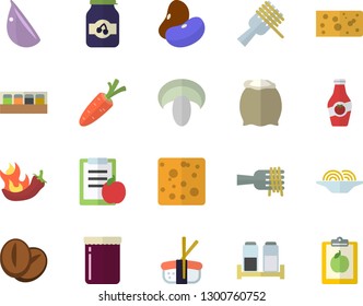 Color flat icon set spice flat vector, flour, legumes, cheese, spaghetti on a fork, mushroom, coffee beans, garlic, hot peppers, sashimi, jam, ketchup, carrot, diet