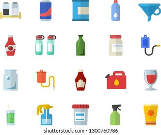 Color flat icon set spice flat vector, ketchup, lemonade, wine, soda, pulverizer, canister, glass bottles, funnel, vial, medical warmer, ampoule, vitamins, proteins, water