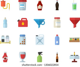 Color flat icon set spice flat vector, ketchup, sauce, lemonade, wine, soda, pulverizer, canister, funnel, vial, medical warmer, vitamins, water, romantic dinner fector