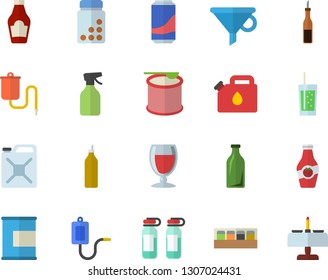 Color flat icon set spice flat vector, ketchup, sauce, lemonade, wine, soda, mustard, pulverizer, canister, glass bottles, funnel, medical warmer, ampoule, vitamins, proteins, steroids