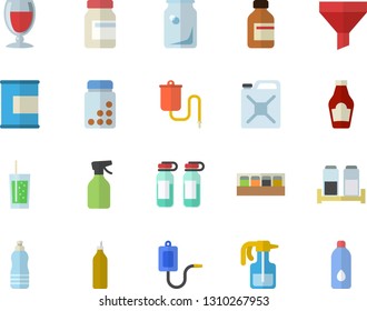Color flat icon set spice flat vector, ketchup, wine, soda, mustard, pulverizer, canister, glass bottles, funnel, vial, medical warmer, ampoule, vitamins, proteins, water