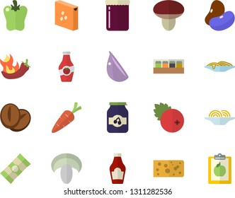 Color flat icon set spice flat vector, groats, spaghetti, ketchup, legumes, cheese, mushroom, coffee beans, garlic, bell pepper, hot peppers, jam, cranberry, carrot, diet