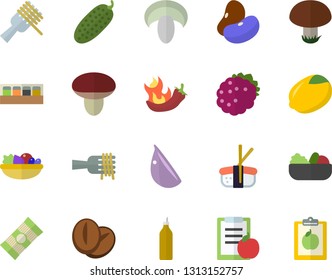 Color flat icon set spice flat vector, spaghetti, legumes, lemon, on a fork, mushroom, salad, coffee beans, garlic, hot peppers, cucumber, sashimi, blackberry, mustard, diet