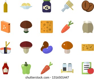 Color flat icon set spice flat vector, flour, groats, ketchup, legumes, cheese, spaghetti on a fork, mushroom, coffee beans, bell pepper, sashimi, jam, mustard, carrot, diet