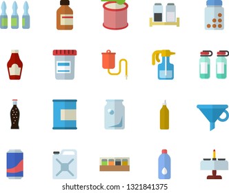 Color flat icon set spice flat vector, ketchup, lemonade, mustard, pulverizer, canister, glass bottles, funnel, vial, medical warmer, ampoule, vitamins, proteins, steroids, water