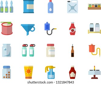 Color flat icon set spice flat vector, ketchup, sauce, pulverizer, canister, glass bottles, funnel, medical warmer, ampoule, vitamins, proteins, steroids, water, sun protection cream fector
