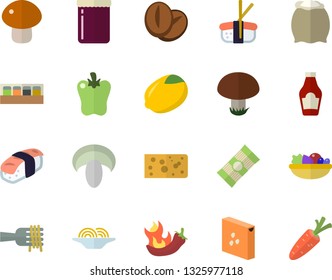 Color flat icon set spice flat vector, flour, groats, spaghetti, ketchup, lemon, cheese, on a fork, mushroom, salad, coffee beans, bell pepper, hot peppers, sashimi, jam, carrot