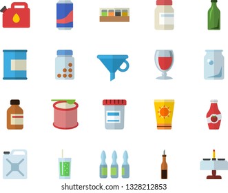 Color flat icon set spice flat vector, sauce, lemonade, wine, soda, ketchup, canister, glass bottles, funnel, vial, ampoule, vitamins, proteins, steroids, sun protection cream fector