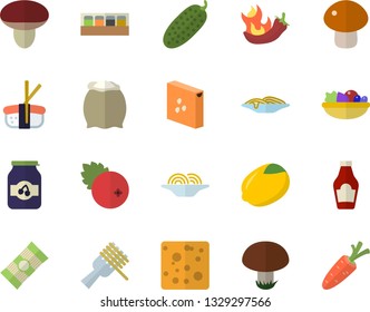 Color flat icon set spice flat vector, flour, groats, spaghetti, ketchup, lemon, cheese, on a fork, mushroom, salad, hot peppers, cucumber, sashimi, jam, cranberry, carrot