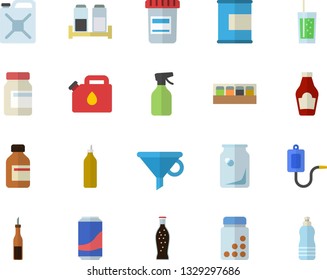 Color flat icon set spice flat vector, ketchup, sauce, lemonade, soda, mustard, pulverizer, canister, glass bottles, funnel, vial, medical warmer, vitamins, proteins, water