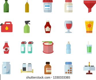 Color flat icon set spice flat vector, ketchup, wine, soda, mustard, pulverizer, canister, glass bottles, funnel, vial, ampoule, vitamins, steroids, water, sun protection cream fector