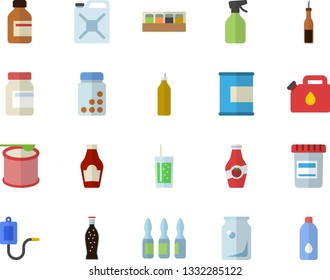 Color flat icon set spice flat vector, ketchup, sauce, lemonade, soda, mustard, pulverizer, canister, glass bottles, vial, medical warmer, ampoule, vitamins, proteins, steroids, water