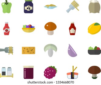 Color flat icon set spice flat vector, flour, ketchup, lemon, cheese, spaghetti on a fork, mushroom, salad, garlic, bell pepper, sashimi, jam, blackberry