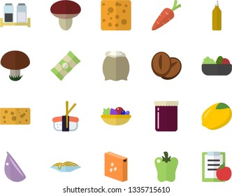 Color flat icon set spice flat vector, flour, groats, spaghetti, lemon, cheese, salad, coffee beans, garlic, bell pepper, sashimi, jam, mustard, mushroom, carrot, diet