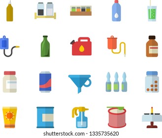 Color flat icon set spice flat vector, lemonade, soda, mustard, pulverizer, canister, glass bottles, funnel, vial, medical warmer, ampoule, vitamins, proteins, steroids, water, romantic dinner