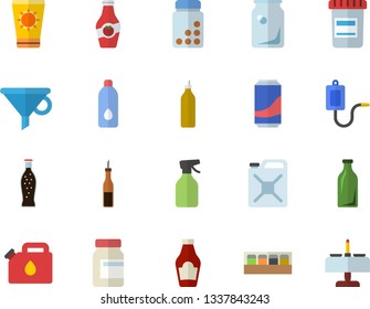 Color flat icon set spice flat vector, ketchup, sauce, lemonade, mustard, pulverizer, canister, glass bottles, funnel, vial, medical warmer, vitamins, water, sun protection cream fector