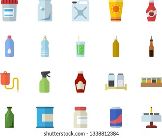 Color flat icon set spice flat vector, ketchup, sauce, lemonade, soda, mustard, pulverizer, canister, glass bottles, vial, medical warmer, vitamins, proteins, water, sun protection cream fector