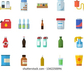 Color flat icon set spice flat vector, sauce, lemonade, soda, mustard, ketchup, pulverizer, canister, glass bottles, vial, medical warmer, ampoule, vitamins, proteins, sun protection cream fector