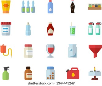 Color flat icon set spice flat vector, ketchup, lemonade, wine, soda, pulverizer, canister, glass bottles, funnel, vial, medical warmer, ampoule, vitamins, water, sun protection cream fector