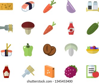 Color flat icon set spice flat vector, groats, ketchup, cheese, spaghetti on a fork, mushroom, salad, coffee beans, garlic, bell pepper, cucumber, sashimi, blackberry, carrot, diet