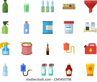 Color flat icon set spice flat vector, ketchup, sauce, soda, pulverizer, canister, glass bottles, funnel, vial, medical warmer, ampoule, proteins, steroids, water, sun protection cream  