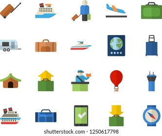 Color flat icon set sport bag flat vector, trailer fector, airport tower, balloon, luggage, suitcase, passport control, check in, tent, arrival, get, hand, cruise ship, yacht, compass