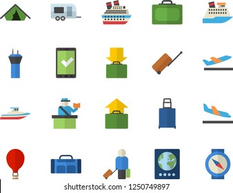 Color flat icon set sport bag flat vector, trailer fector, airport tower, balloon, luggage, suitcase, passport control, check in, tent, arrival, departure, get, hand, cruise ship, yacht, compass