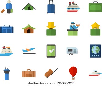 Color flat icon set sport bag flat vector, trailer fector, airport tower, balloon, luggage, suitcase, passport control, check in, tent, departure, get, hand, cruise ship, yacht