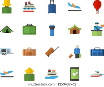 Color flat icon set sport bag flat vector, trailer fector, airport tower, balloon, luggage, suitcase, passport control, check in, tent, arrival, departure, get, hand, cruise ship, yacht