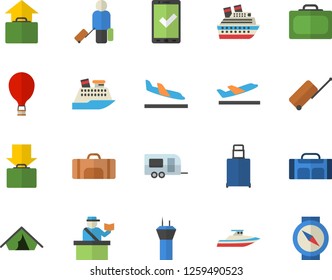 Color flat icon set sport bag flat vector, trailer fector, airport tower, balloon, luggage, suitcase, passport control, check in, tent, arrival, departure, get, hand, cruise ship, yacht, compass