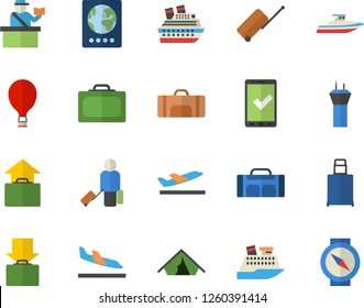 Color flat icon set sport bag flat vector, airport tower fector, balloon, luggage, suitcase, passport control, check in, tent, arrival, departure, get, hand, cruise ship, yacht, compass