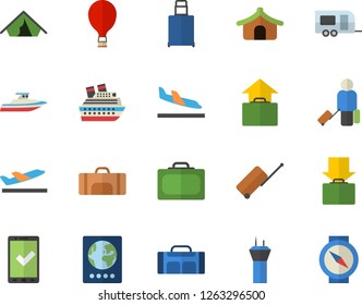 Color flat icon set sport bag flat vector, trailer fector, airport tower, balloon, luggage, suitcase, passport, check in, tent, arrival, departure, get, hand, cruise ship, yacht, compass