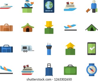 Color flat icon set sport bag flat vector, trailer fector, airport tower, luggage, suitcase, passport control, check in, tent, arrival, departure, get, hand, cruise ship, yacht, compass