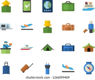 Color flat icon set sport bag flat vector, trailer fector, airport tower, luggage, suitcase, passport control, check in, tent, arrival, departure, get, hand, cruise ship, yacht, compass
